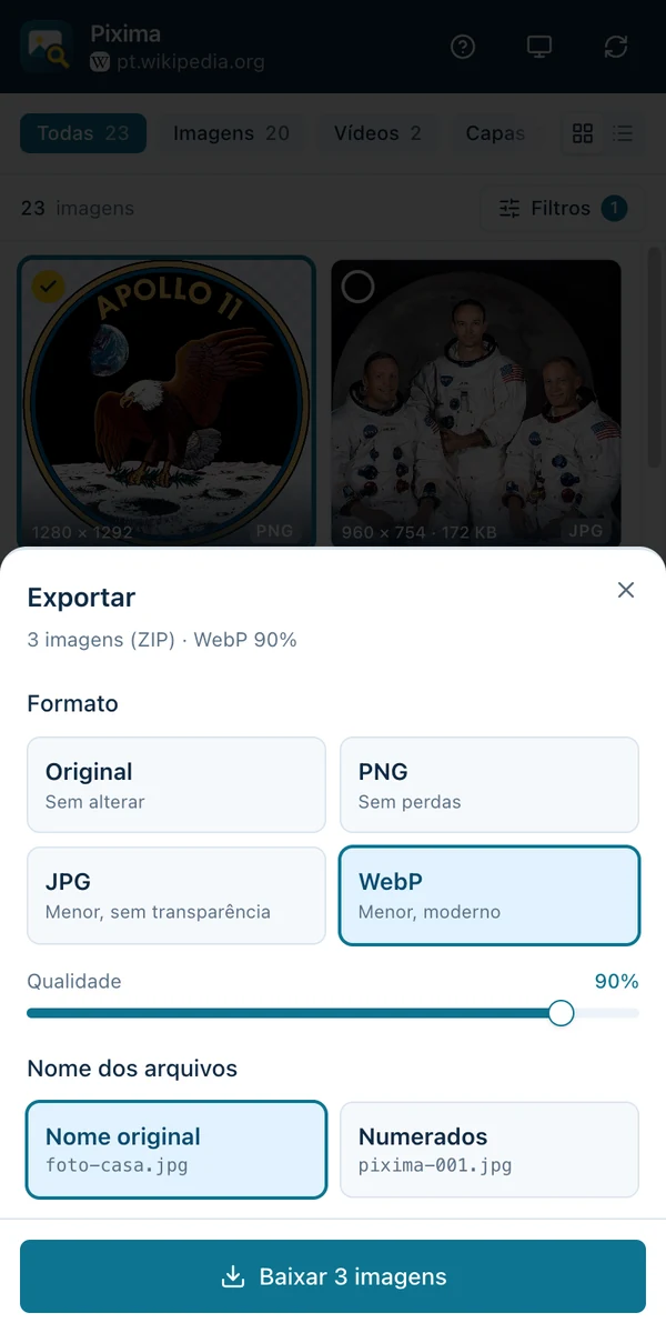 Painel de exportação do Pixima com as opções de formato, qualidade e nome dos arquivos