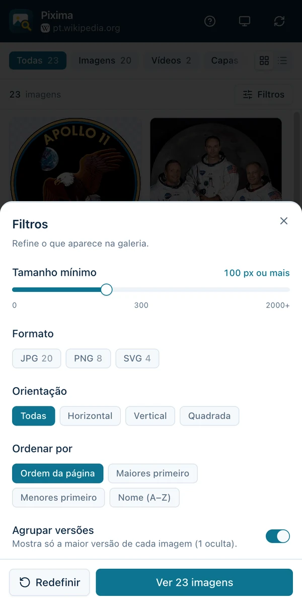 Painel de filtros do Pixima aberto sobre a lista de imagens