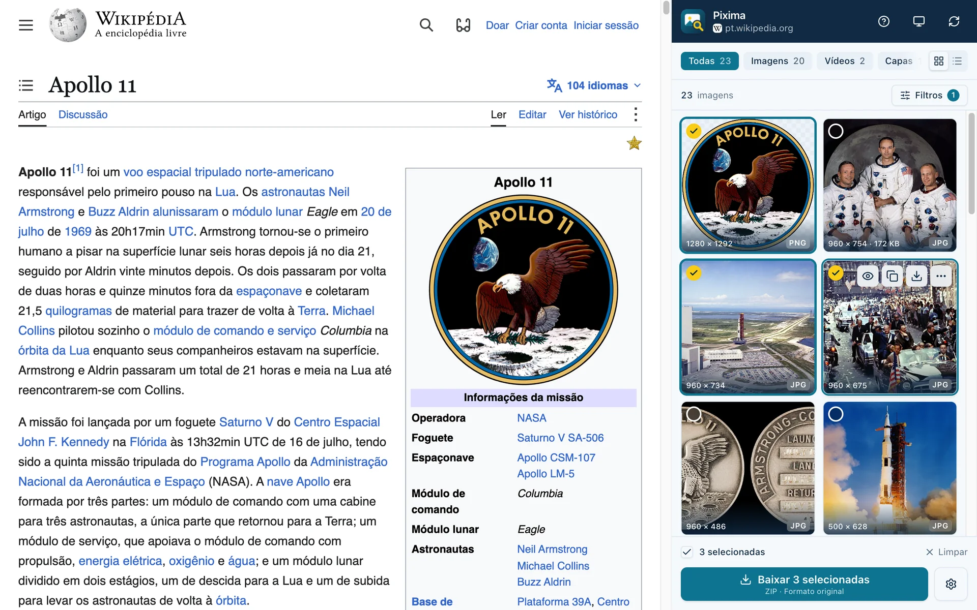O Pixima aberto ao lado do artigo da Wikipédia sobre a Apollo 11, com três imagens selecionadas para baixar