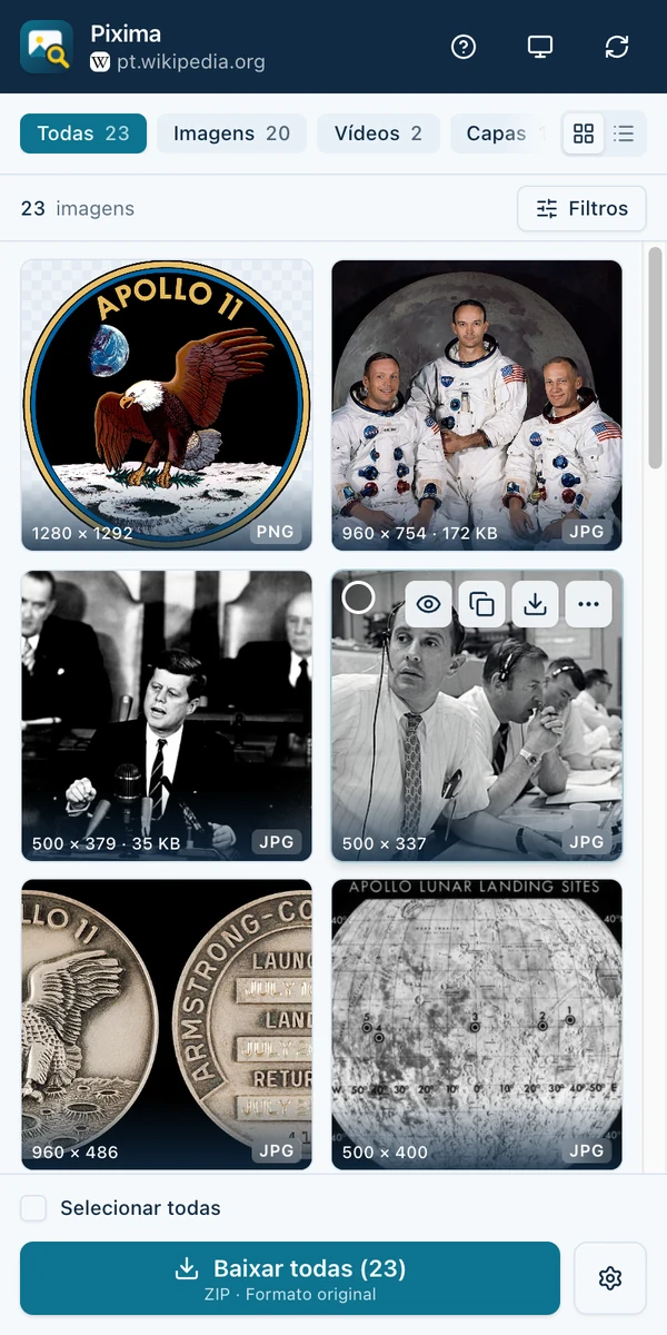 Painel do Pixima ao lado do artigo da Wikipédia sobre a Apollo 11, listando as imagens da página