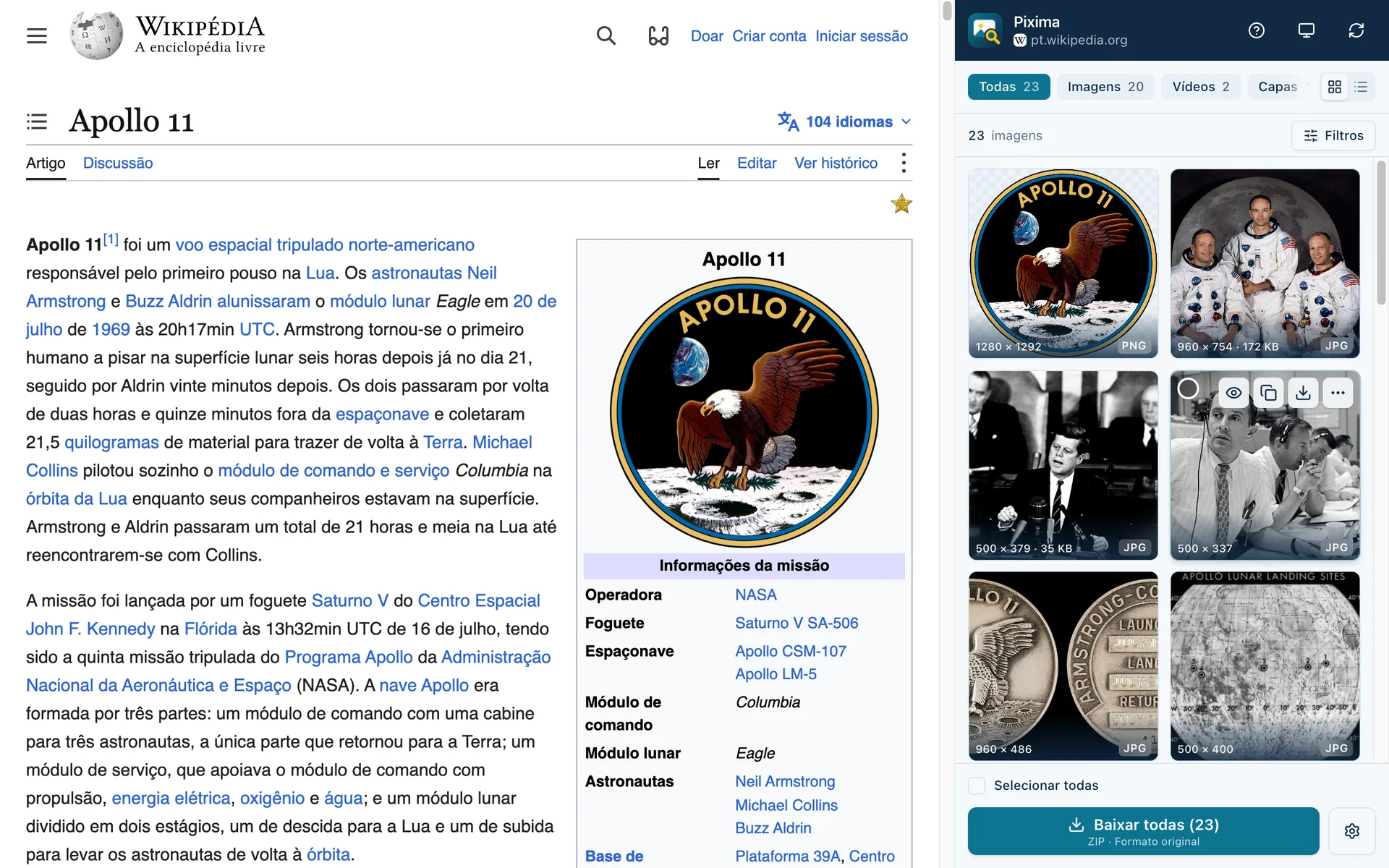 Painel do Pixima ao lado do artigo da Wikipédia sobre a Apollo 11, listando as imagens da página
